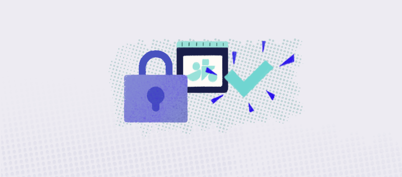 Image shows a purple padlock, a computer screen, and an aqua colored checkmark.