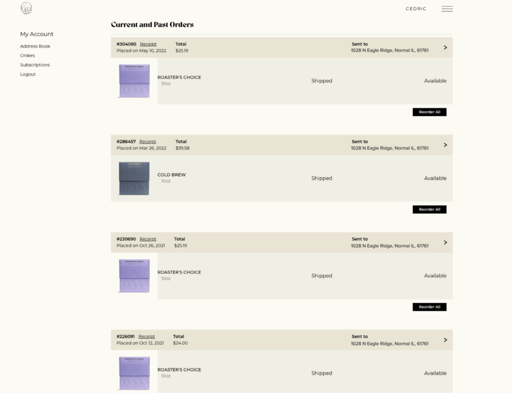 Onyx has clear order history available for customers on their portal.