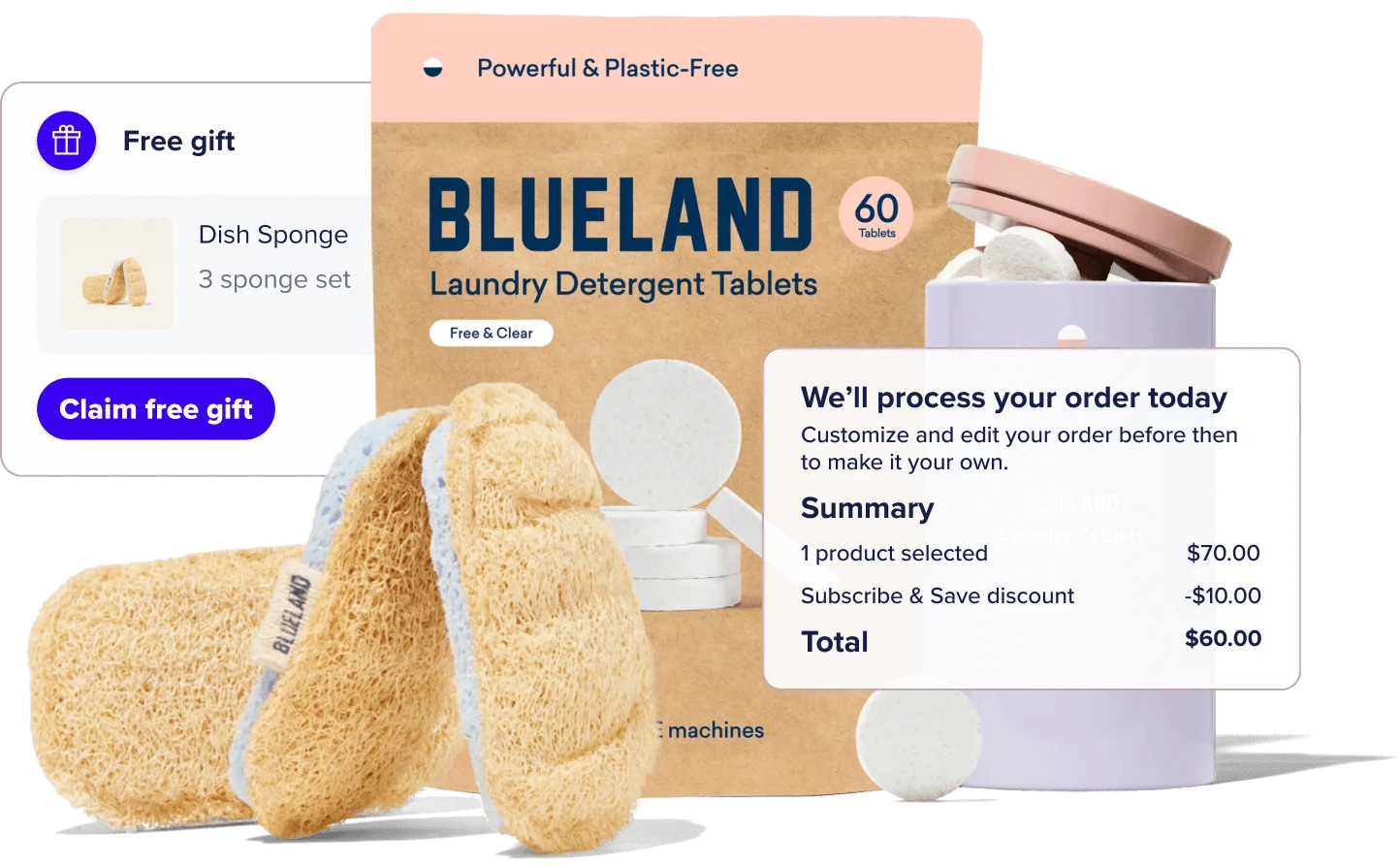 Blueland gift flow featuring a free dish sponge