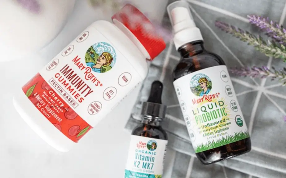 Bottles of Mary Ruth gummies and liquid probiotics