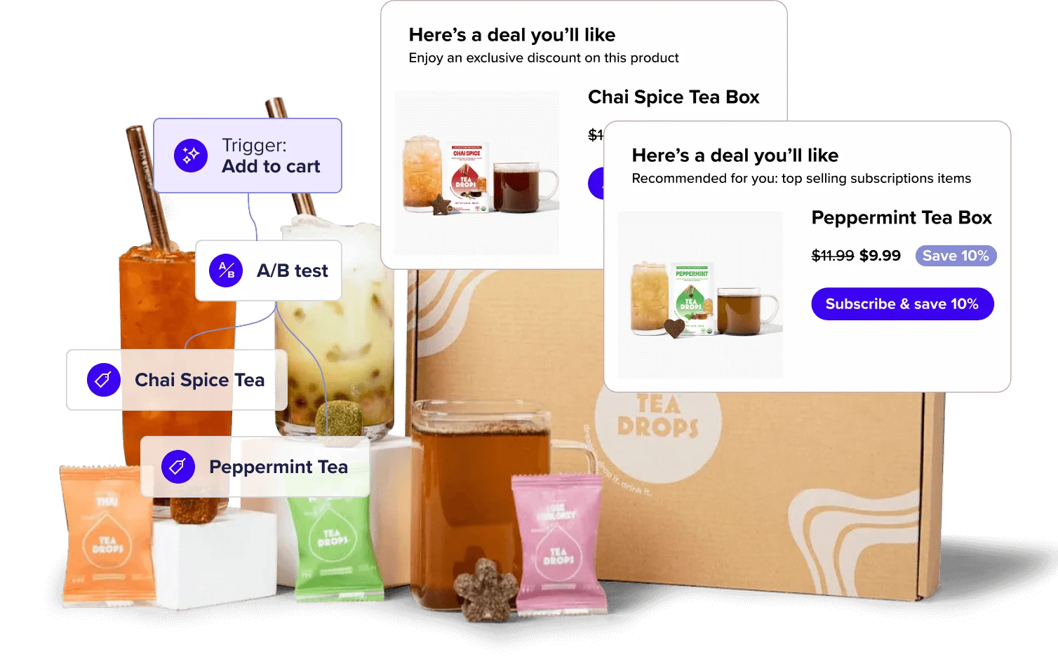 Grouping of Tea Drops products with various A/B test ecommerce widgets superimposed over them